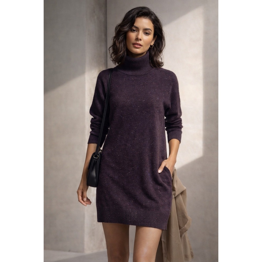 Garnet Hill 100% Recycled Cashmere Turtleneck Sweater Dress Purple Donegal XS